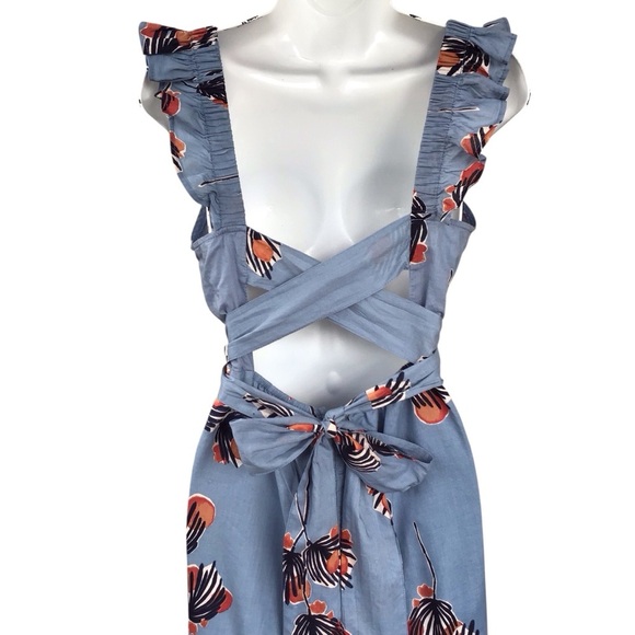 Anthropologie Bel Kazen Blue Floral Wide Leg Ruffle Sleeve Open Back Jumpsuit - Picture 6 of 9